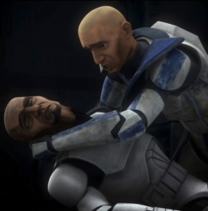 Captain Rex holds a dying comrade